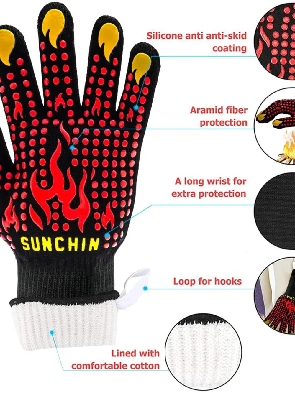 BBQ Fireproof Gloves, Grill Cut-Resistant 1472F Heat Resistant Gloves, Non-Slip